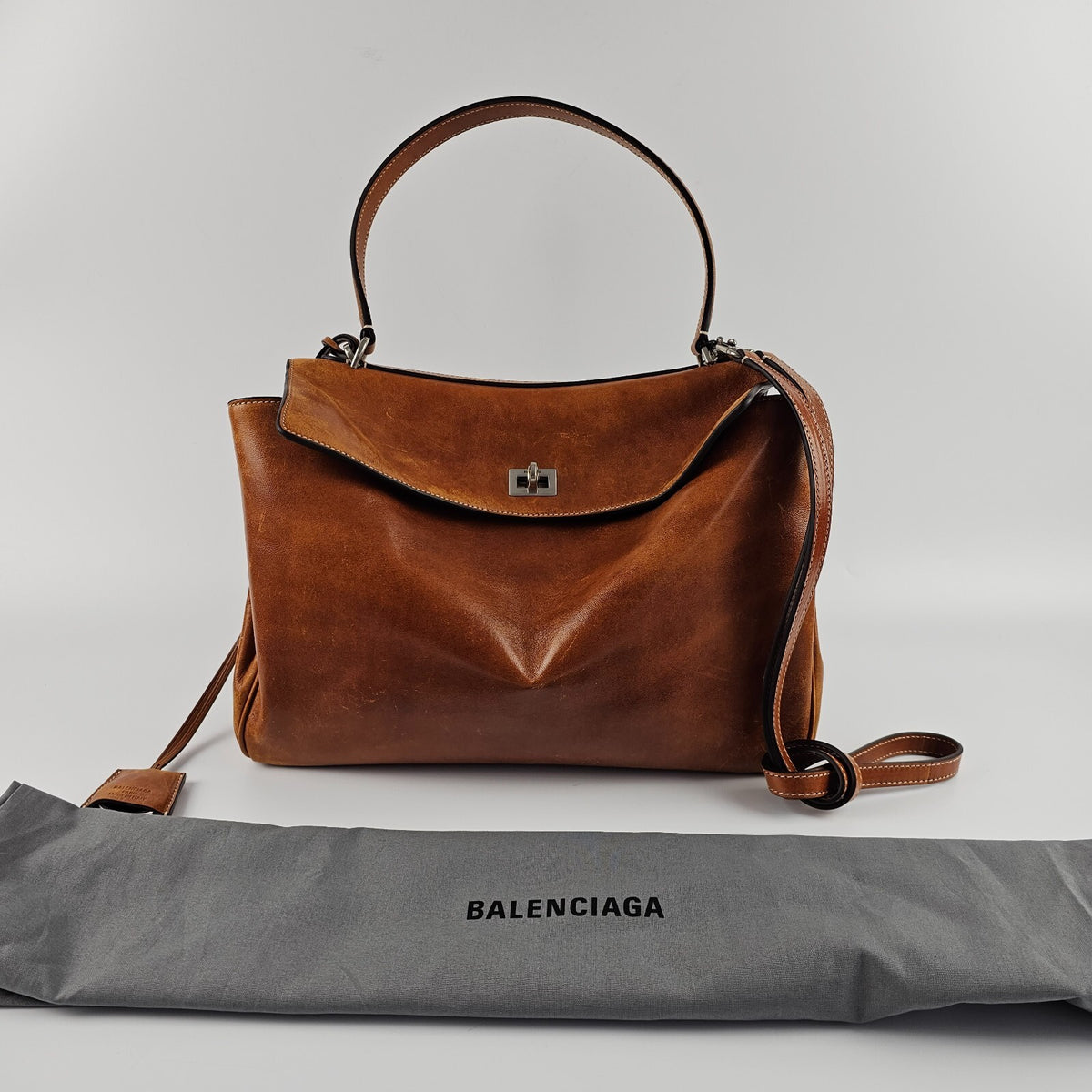 BALENCIAGA Rodeo Medium $4600 Tan Cowboy Leather Handbag New & Authentic