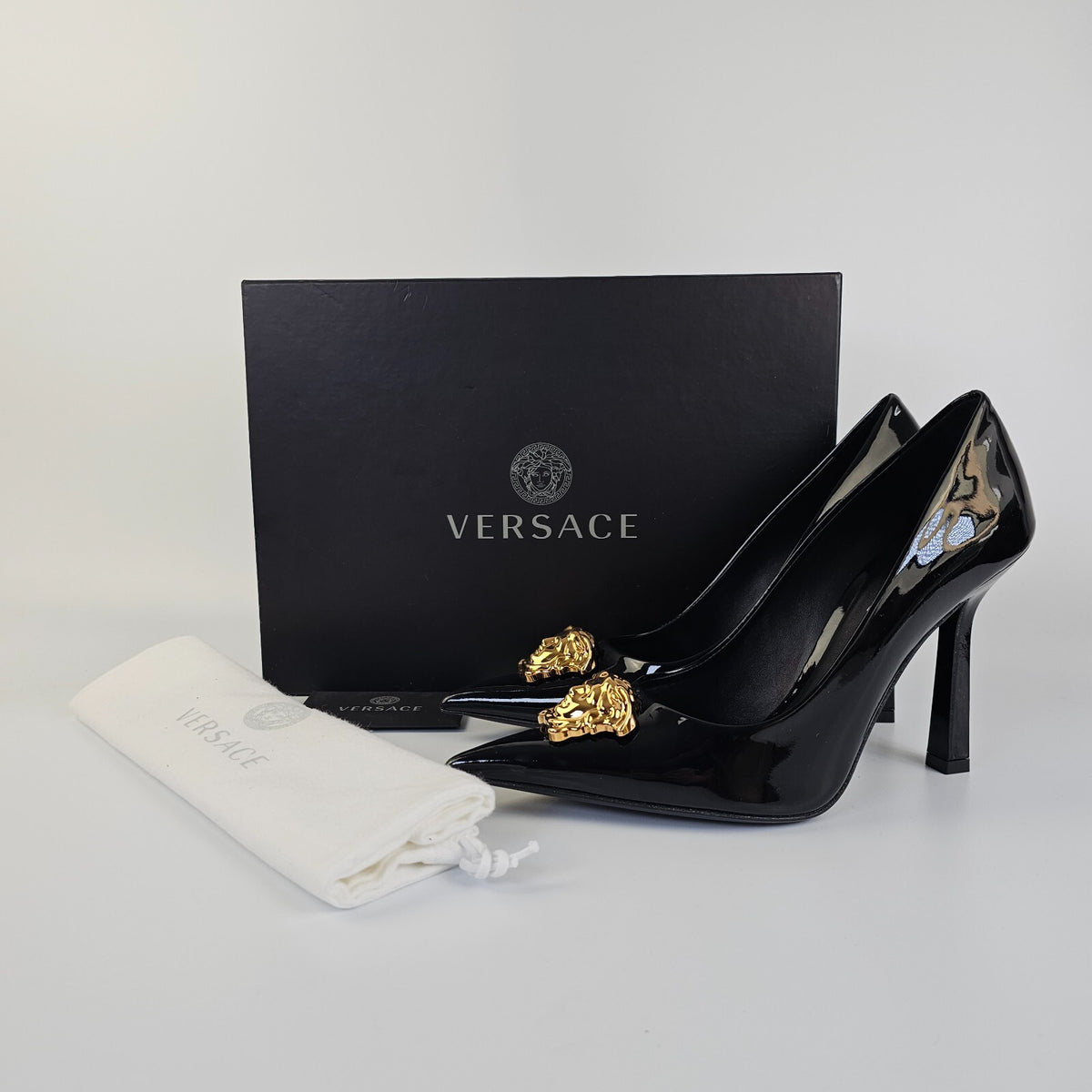 VERSACE 105mm La Medusa Black Leather Pumps Size 39.5 US 9.5