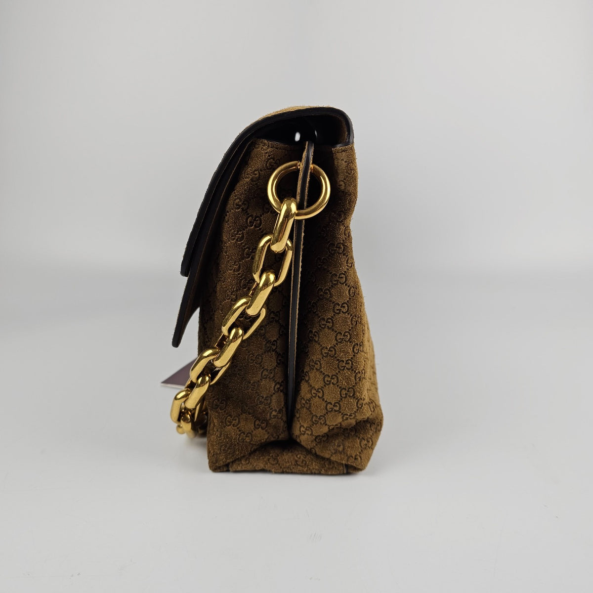 GUCCI $4600 Brown GG Suede Large With Chain Shoulder Bag New & Authentic