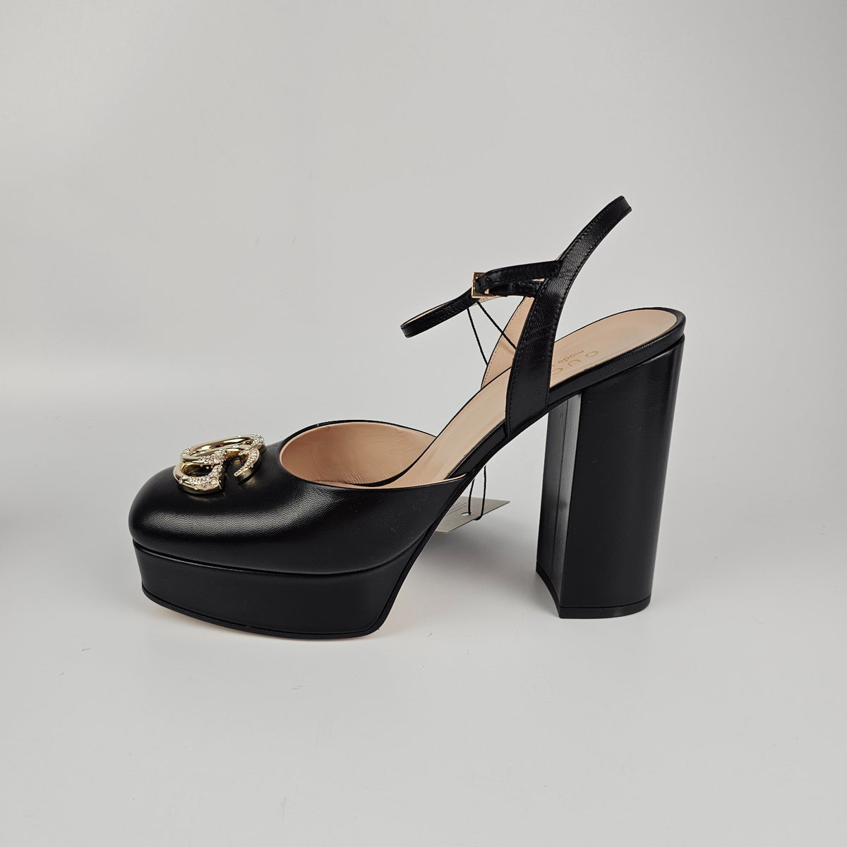 GUCCI Black Leather With Crystal GG Platform Sandals New & Authentic