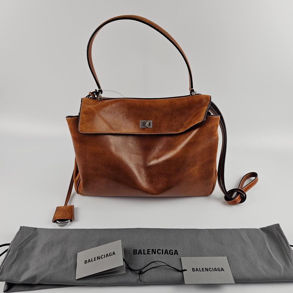 BALENCIAGA Rodeo Medium $4600 Tan Cowboy Leather Handbag New & Authentic
