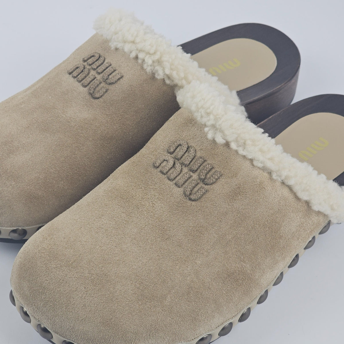 MIU MIU Desert Beige Shearling Clogs New & Authentic