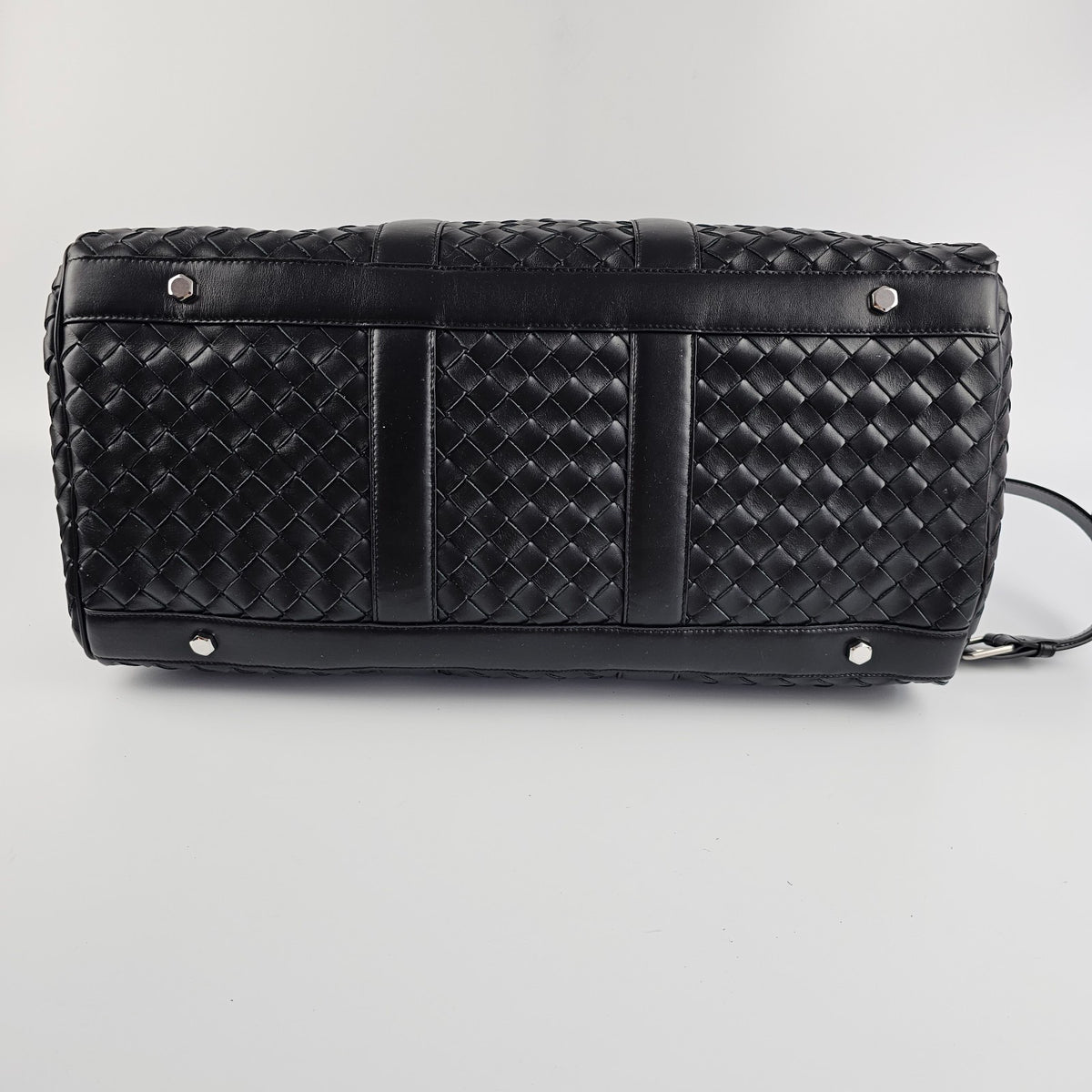 BOTTEGA VENETA $5900 Black Intrecciato Leather Medium Duffle Bag New & Authentic