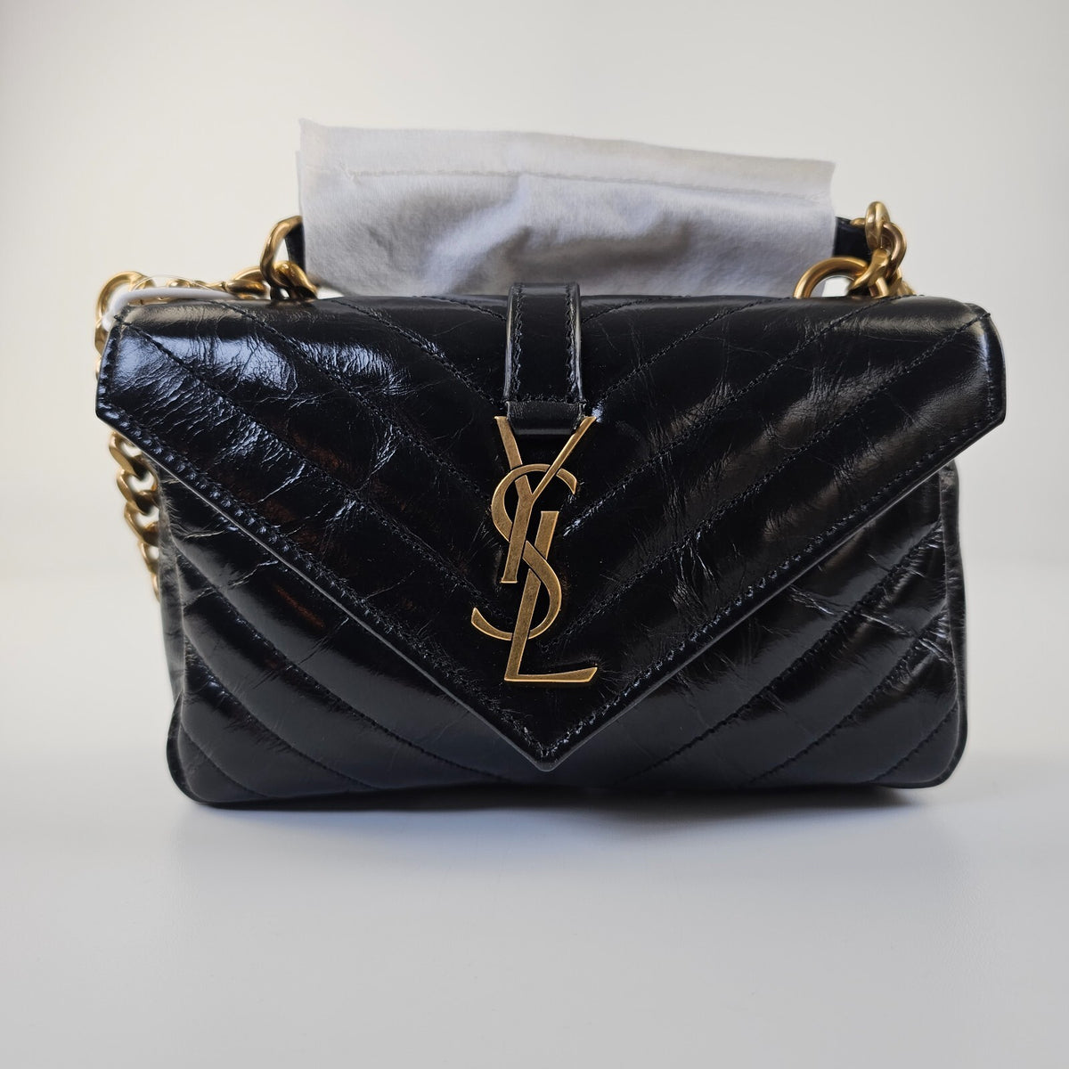 SAINT LAURENT College Mini Black Shiny Leather Shoulder Bag New/Authentic