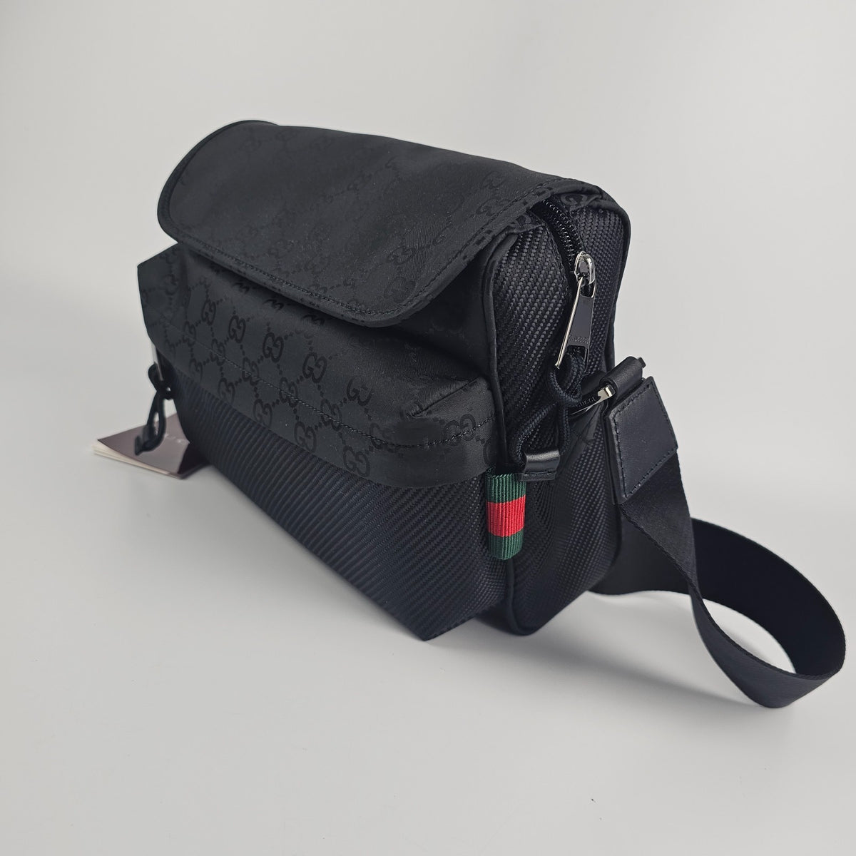 GUCCI $2200 Nexus Black GG Nylon Medium Crossbody Bag New & Authentic