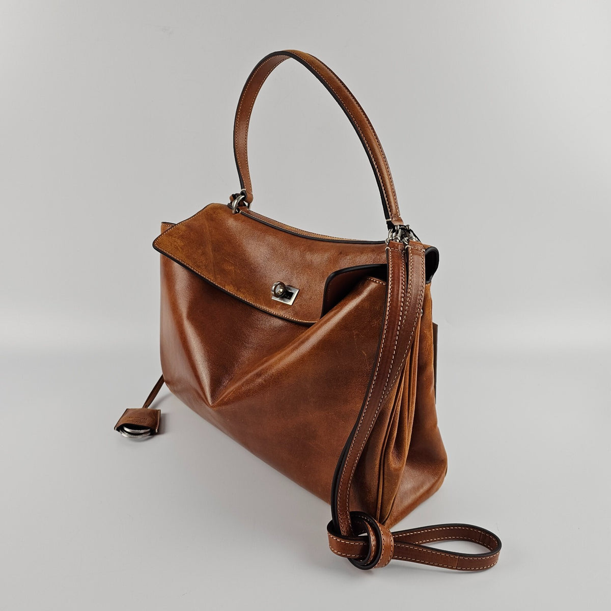 BALENCIAGA Rodeo Medium $4600 Tan Cowboy Leather Handbag New & Authentic