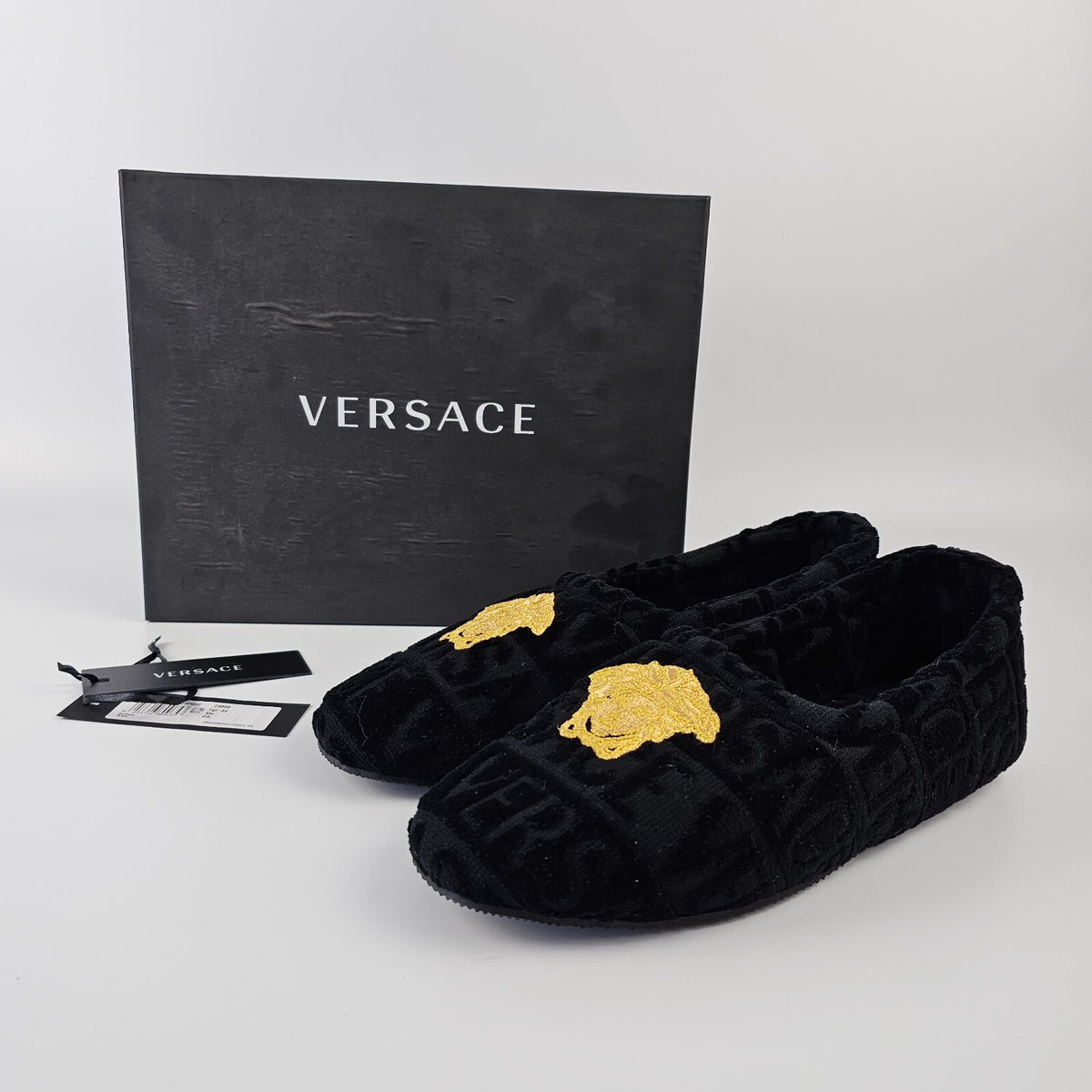 VERSACE Allover Black Cotton Slippers New