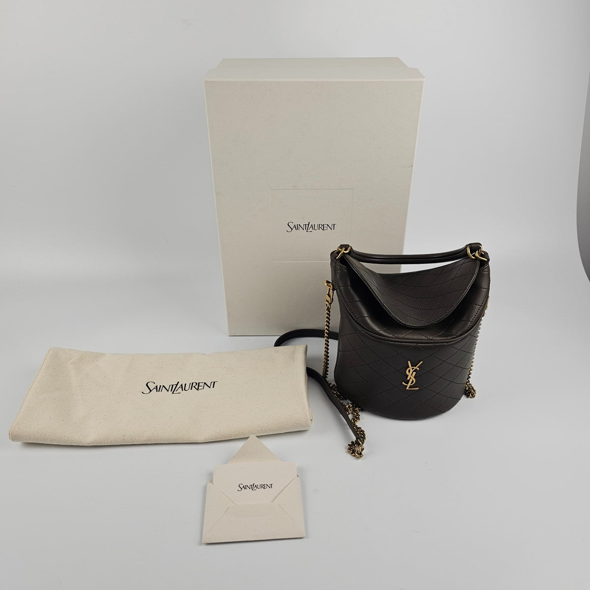 SAINT LAURENT Gaby $2450 Light Musk Leather Bucket Bag New & Authentic