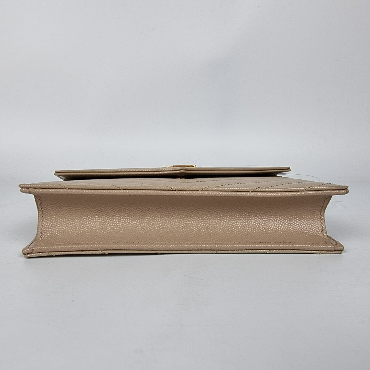 SAINT LAURENT Cassandre Envelope Dark Beige Grained Leather Chain Wallet New