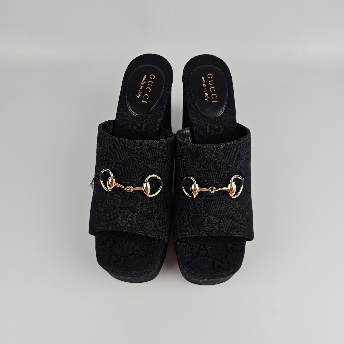 GUCCI Black GG Canvas Horsebit Wedge Sandals New & Authentic