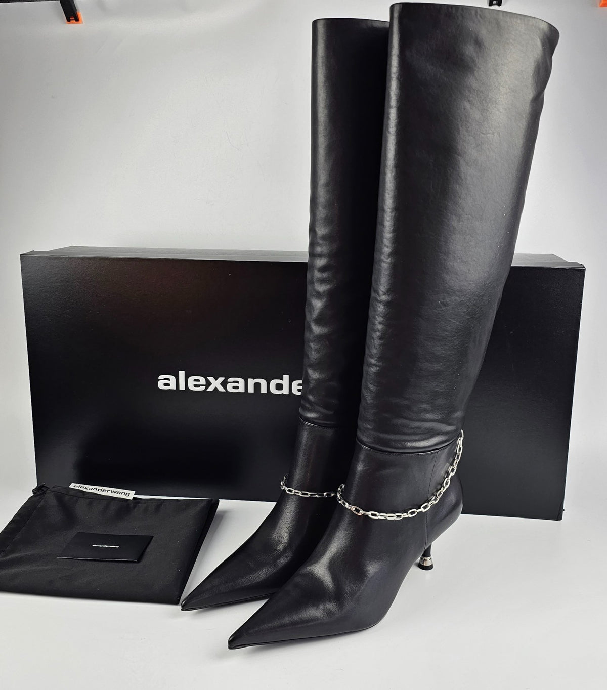 ALEXANDER WANG Black Chain Detail Knee-High Leather Boots New