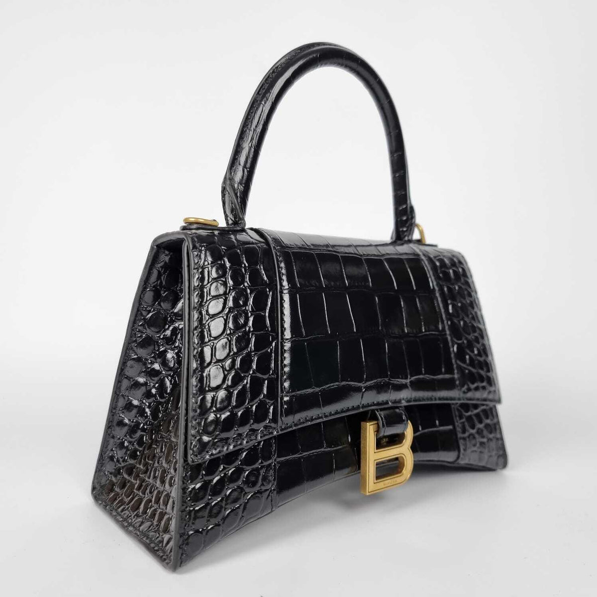 BALENCIAGA Hourglass Small $3000 Black Embossed Leather Top Handle Bag New