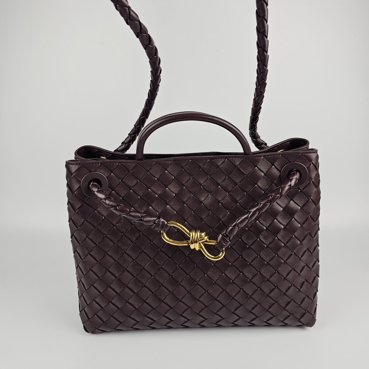 BOTTEGA VENETA Andiamo Medium $5700 Dark Barolo Leather Top Handle Bag New