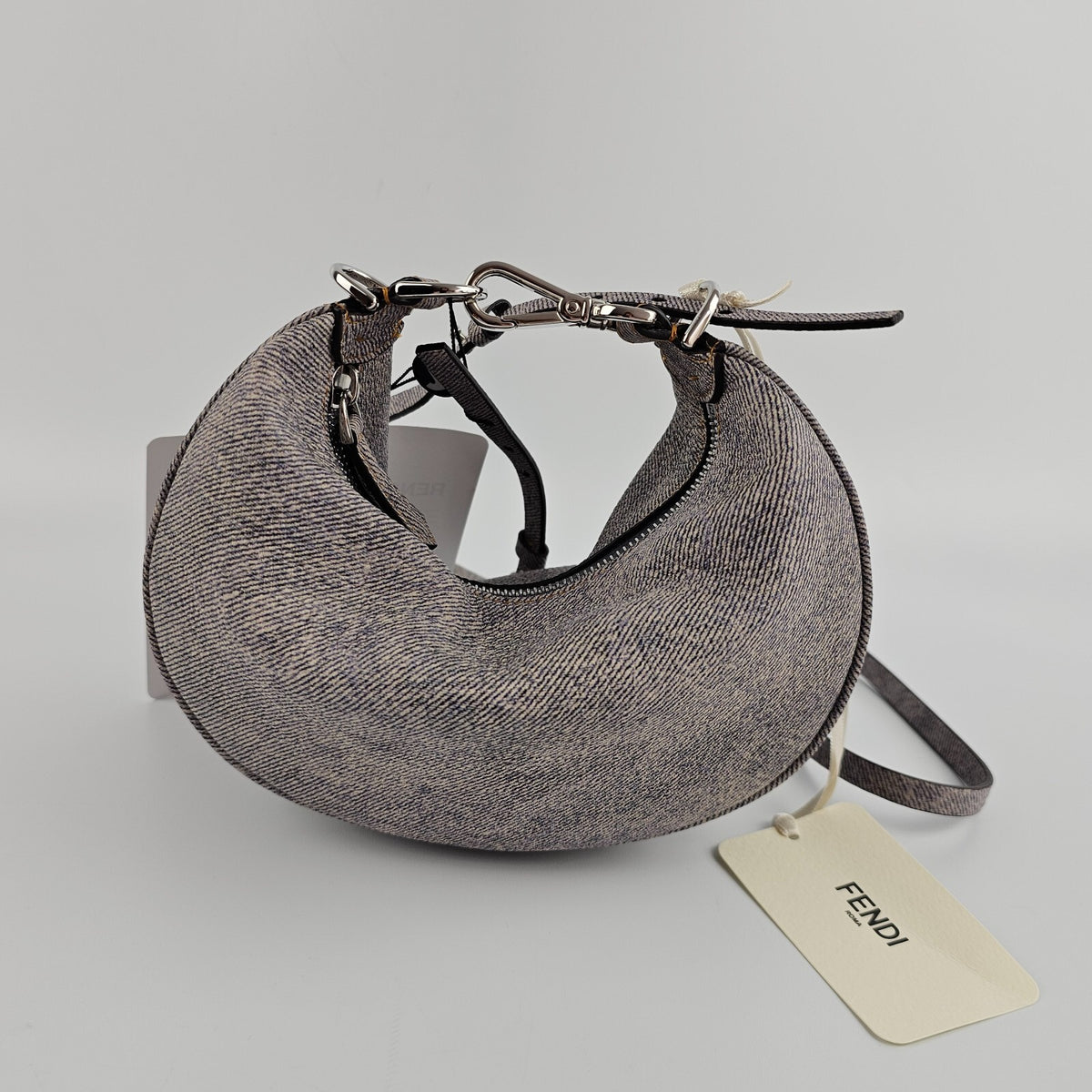 FENDI Fendigraphy Mini $2400 Gray Leather Denim Top Handle Bag New & Authentic