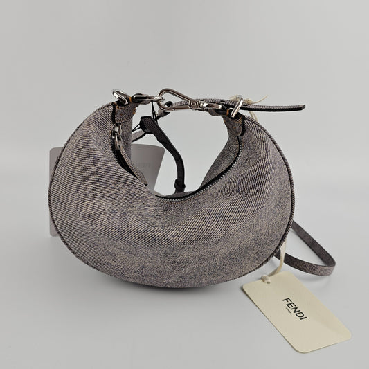 FENDI Fendigraphy Mini $2400 Gray Leather Denim Top Handle Bag New & Authentic