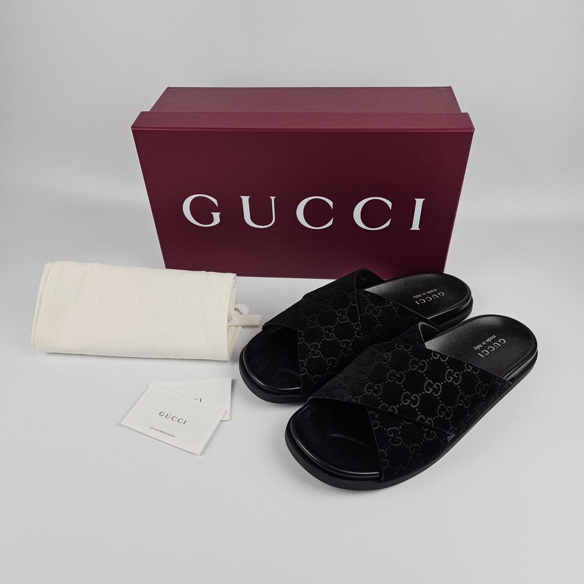 GUCCI Men's Black GG Suede Slide Sandals New & Authentic