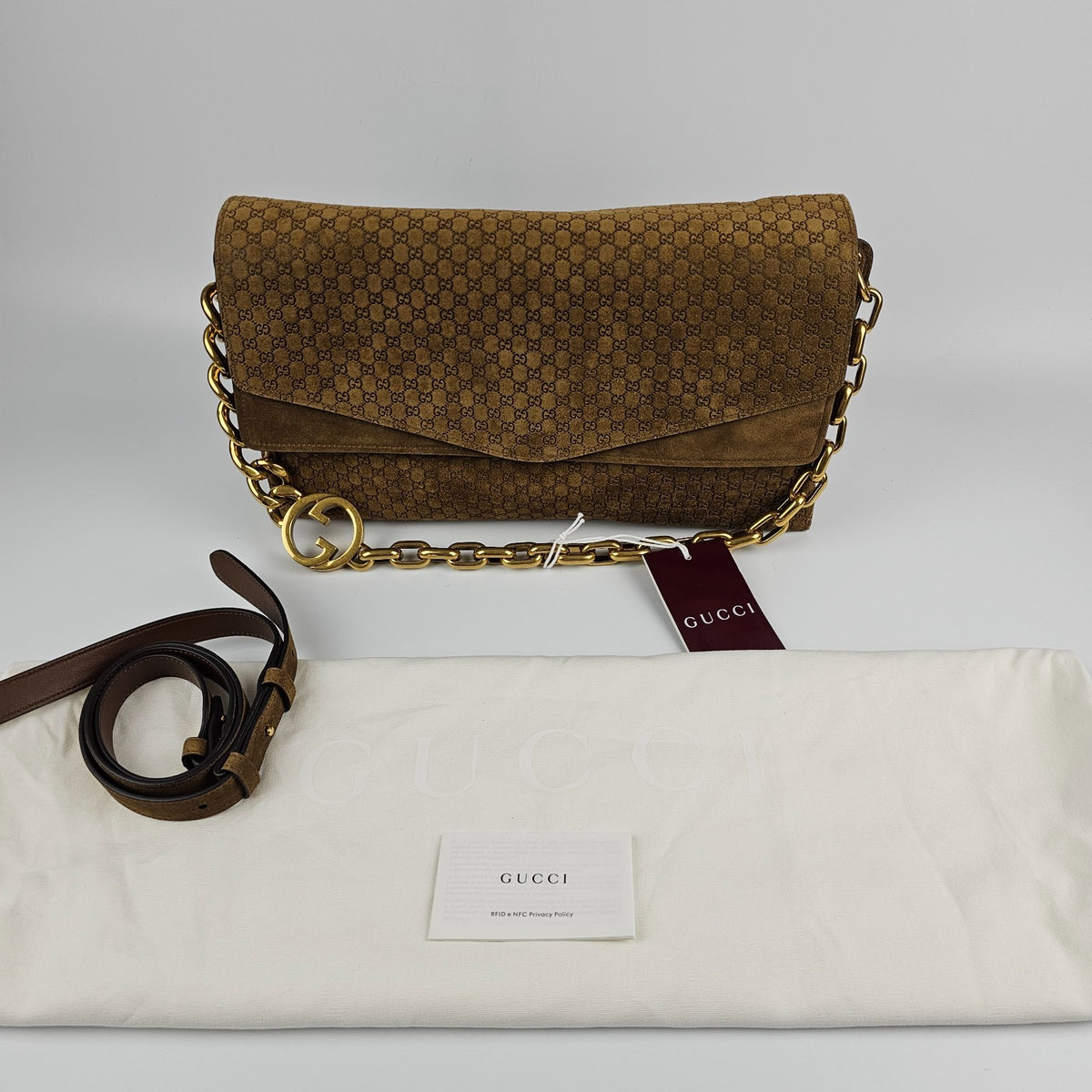 GUCCI $4600 Brown GG Suede Large With Chain Shoulder Bag New & Authentic
