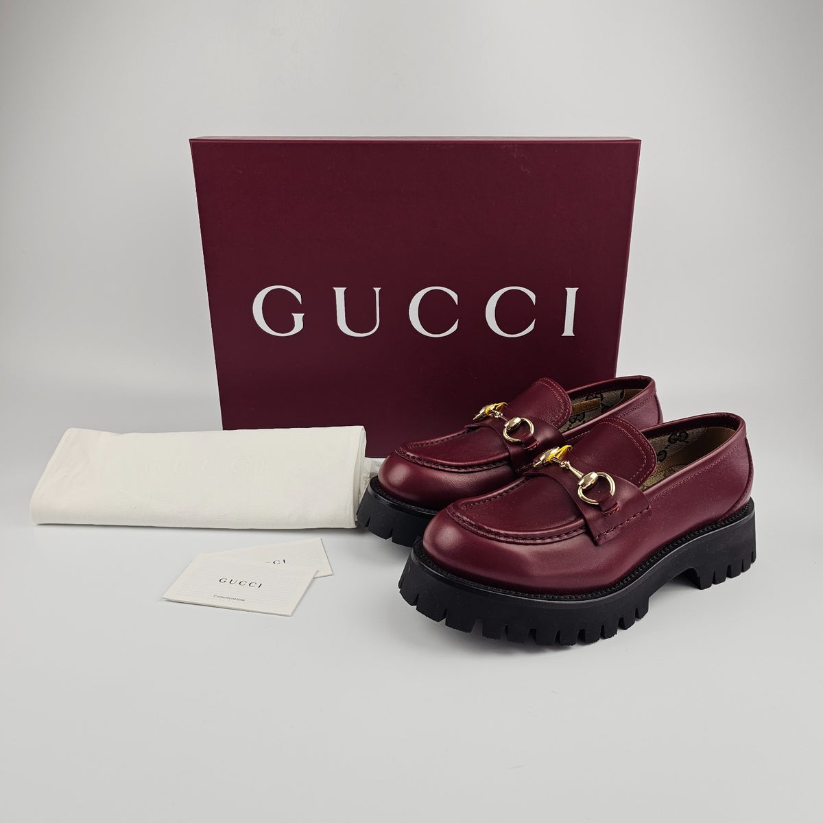 GUCCI $1220 Women's Rosso Ancora Red Lug Sole With Horsebit Loafers New