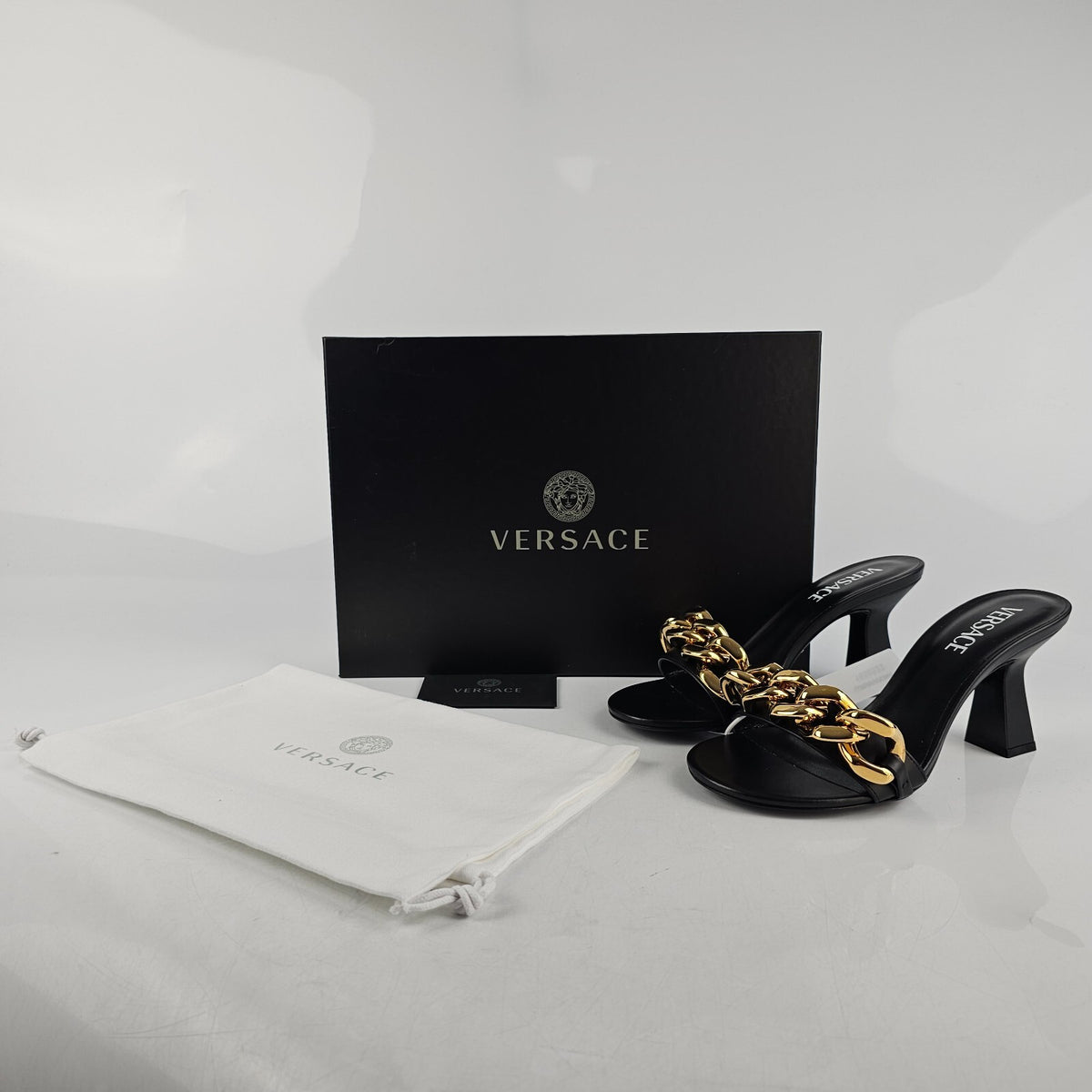 VERSACE Chain 70mm Black Mules New Size 37 US 7
