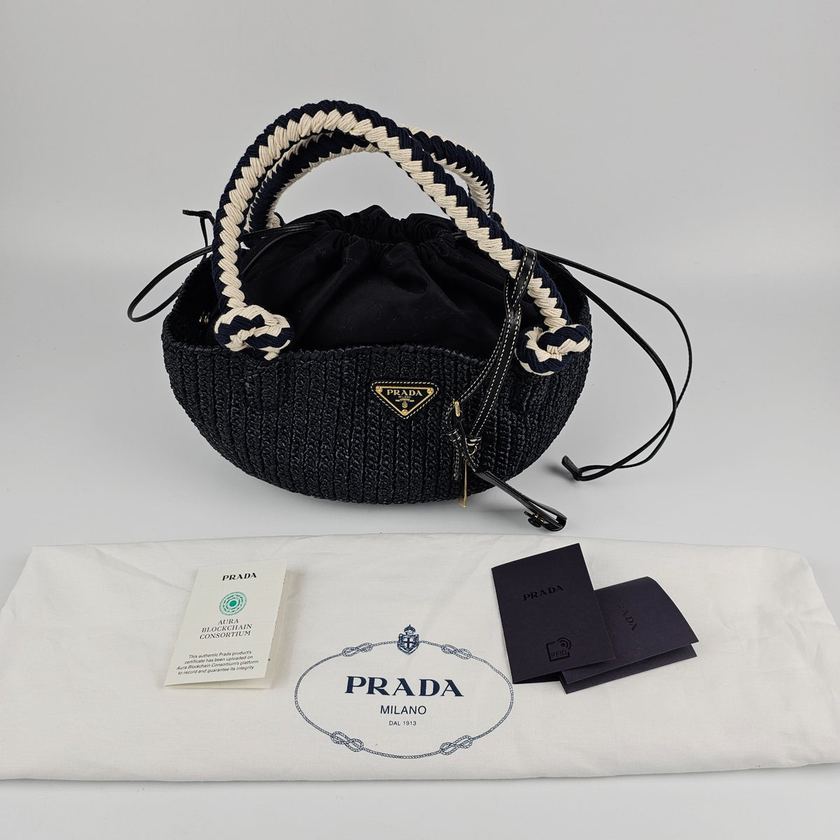 PRADA Small Basket Black Raffia Top Handle Bag New And Authentic
