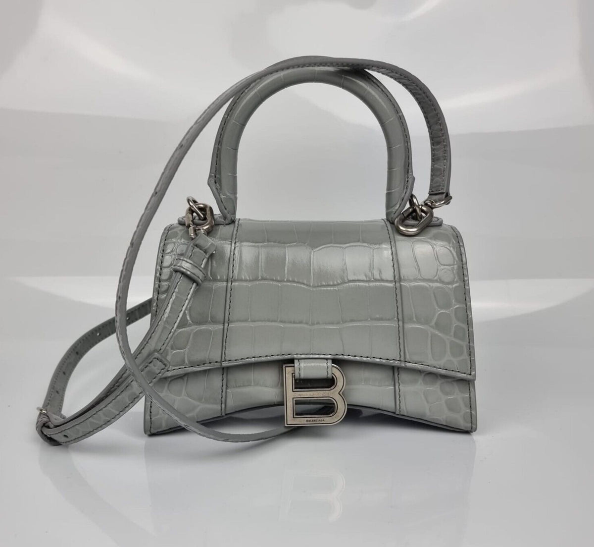 BALENCIAGA XS Hourglass Embossed Gray Leather Bag New