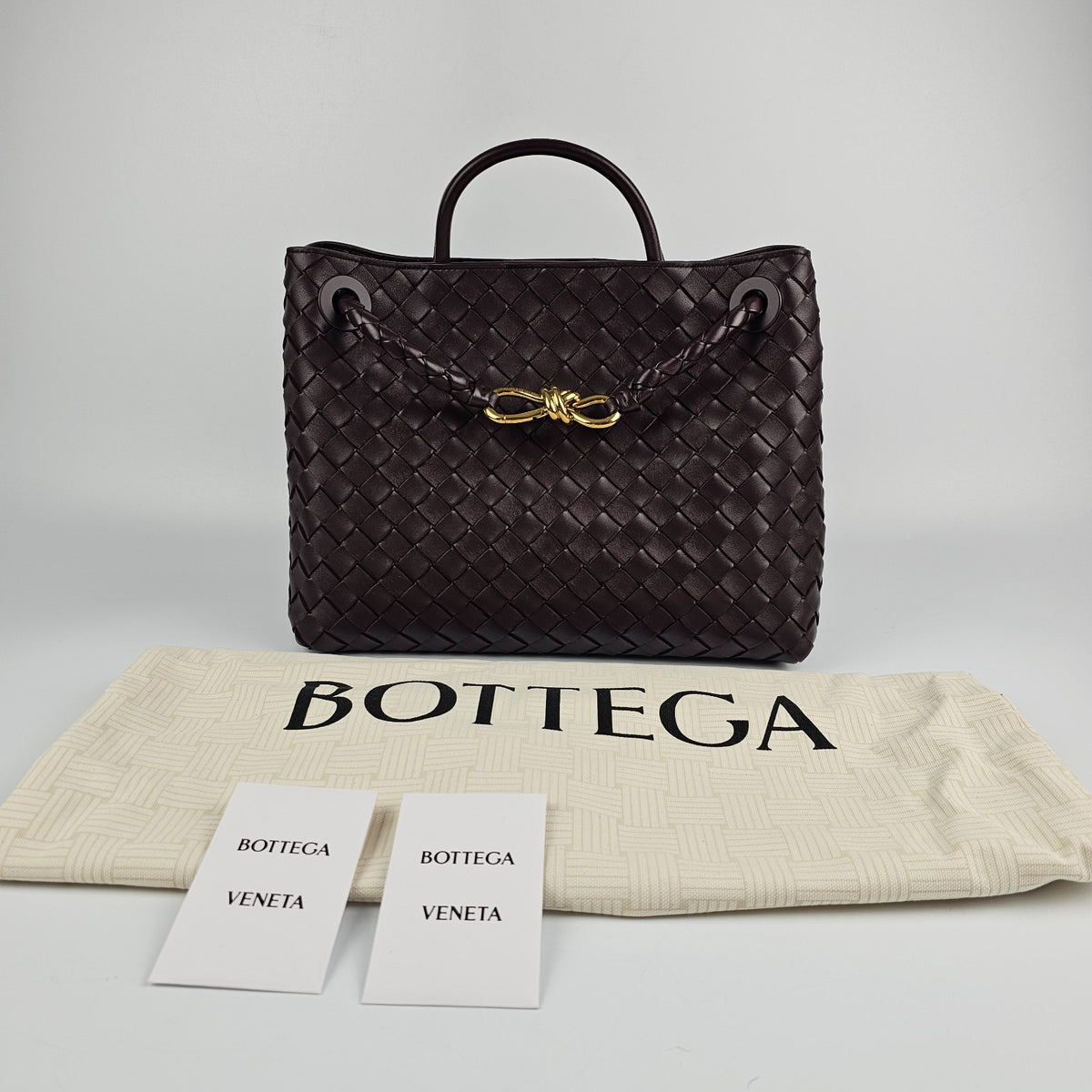 BOTTEGA VENETA Andiamo Medium $5700 Dark Barolo Leather Top Handle Bag New