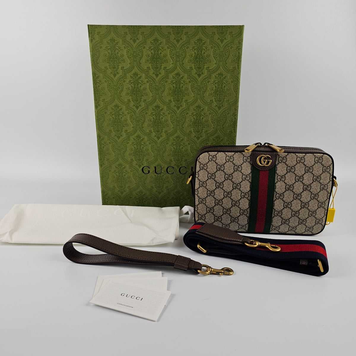 GUCCI Ophidia Small $1790 Beige And Ebony GG Canvas Crossbody Bag New/Authentic