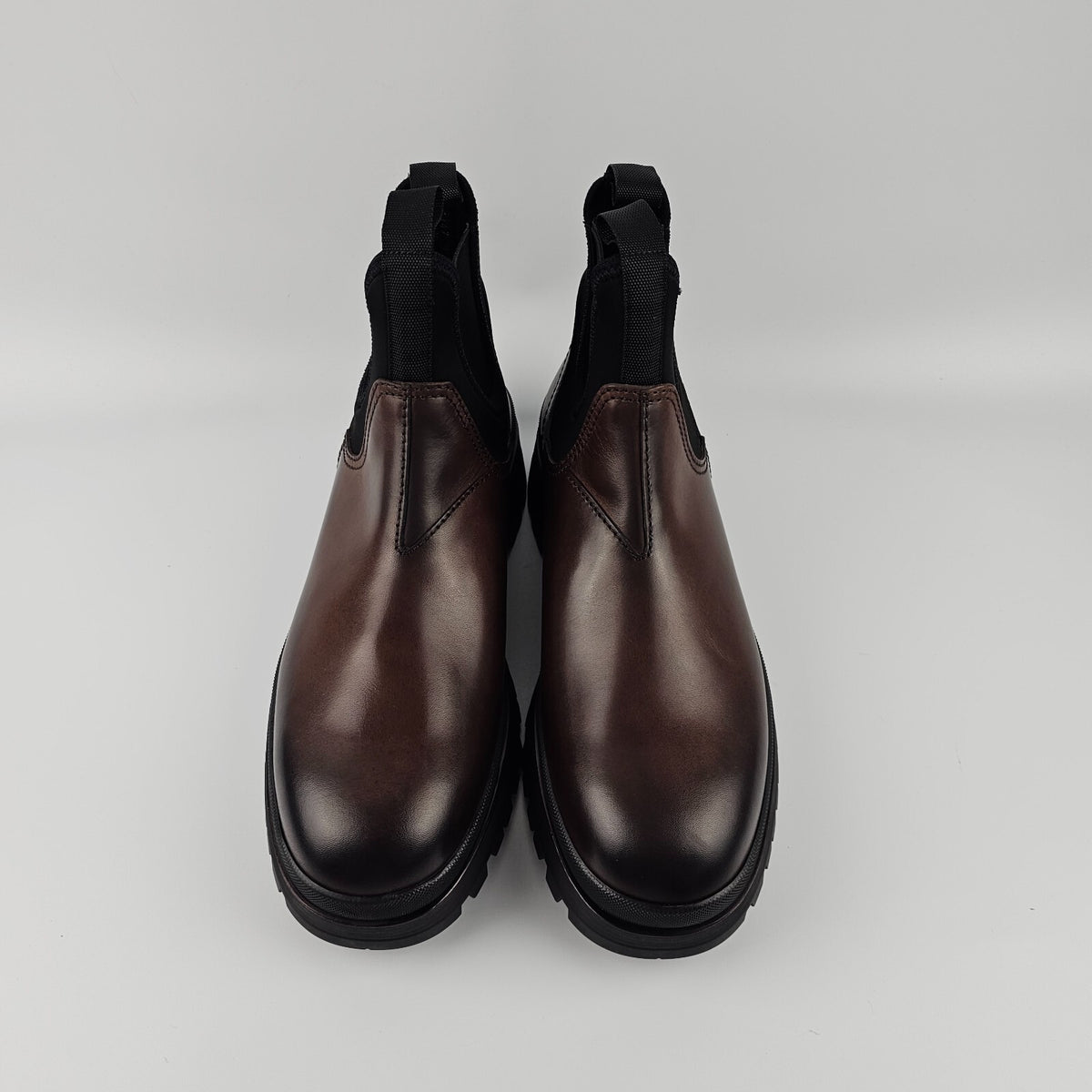 PRADA $1450 Ebony Brown Leather And Stretch Fabric Chelsea Boots New/Authentic