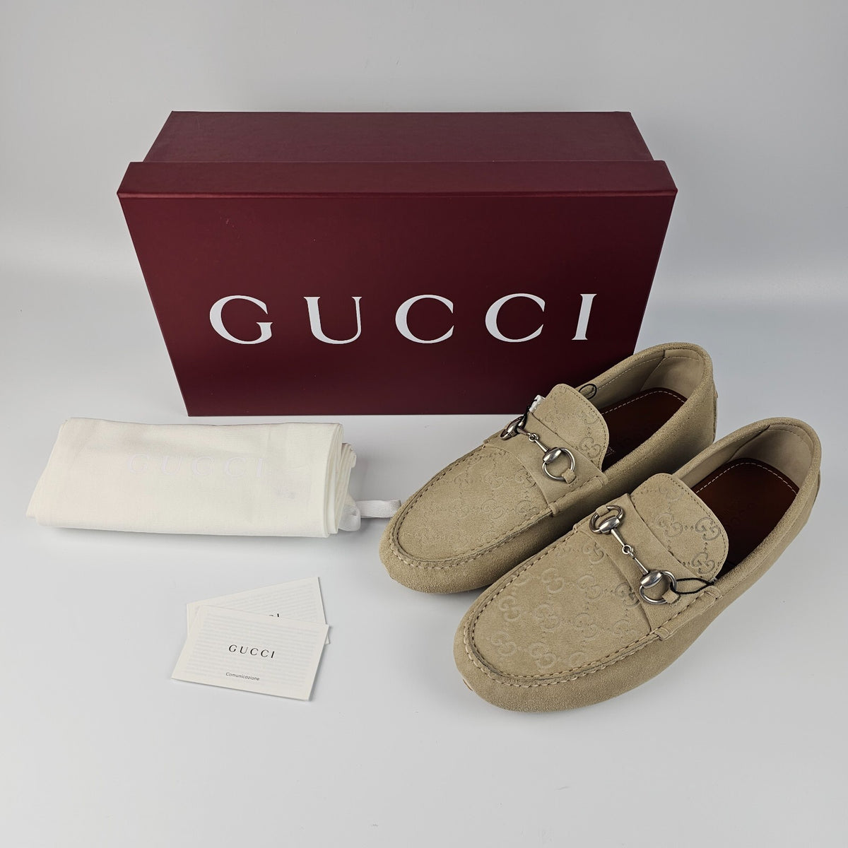 GUCCI $895 Men's Oatmeal GG Suede With Horsebit Loafers New & Authentic
