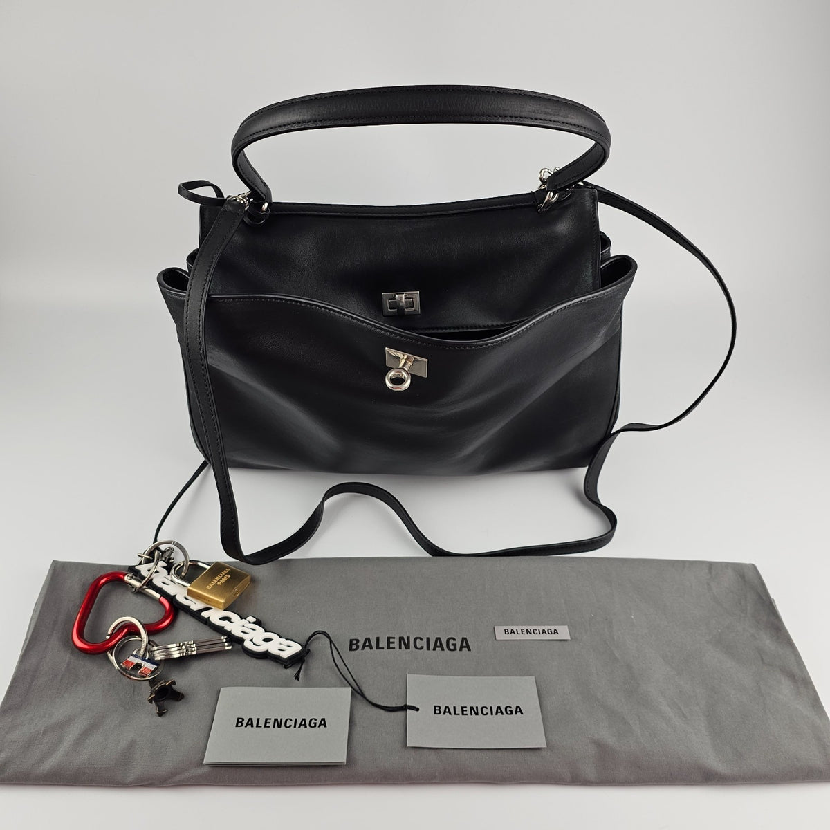 BALENCIAGA Rodeo Medium $5600 Black With Charm Leather Handbag New And Authentic