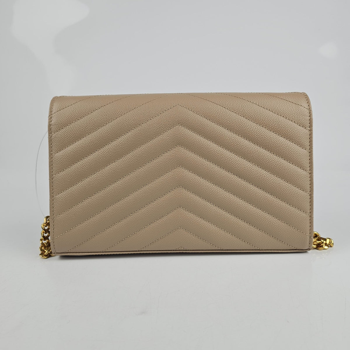 SAINT LAURENT Cassandre Classic Dark Beige Grained Leather Chain Wallet New