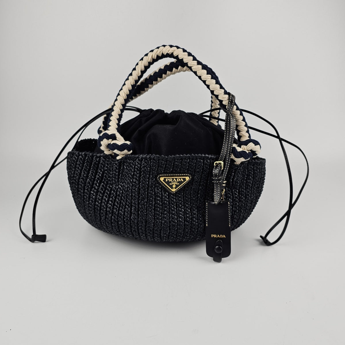 PRADA Small Basket Black Raffia Top Handle Bag New And Authentic