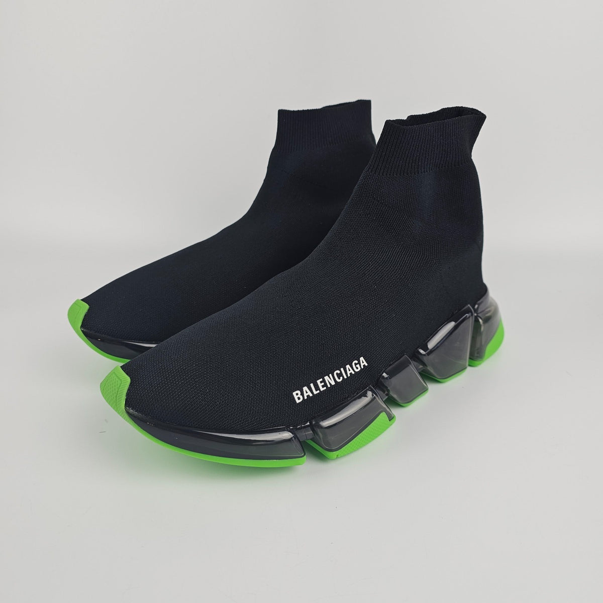 BALENCIAGA Speed 2.0 Full Clear Sole $1100 Black/Neon Green Sneakers New
