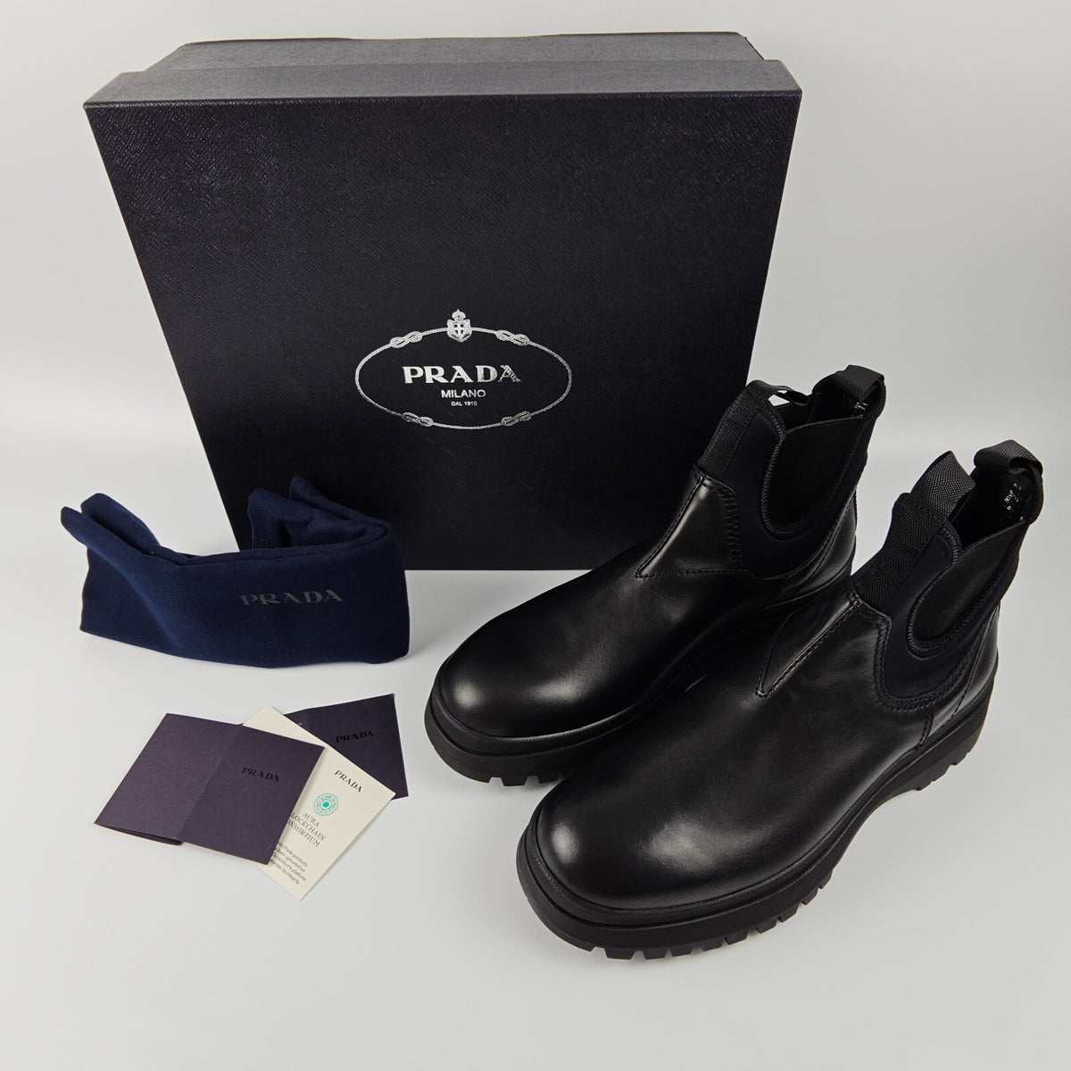 PRADA $1450 Black Leather And Stretch Fabric Chelsea Boots New/Authentic
