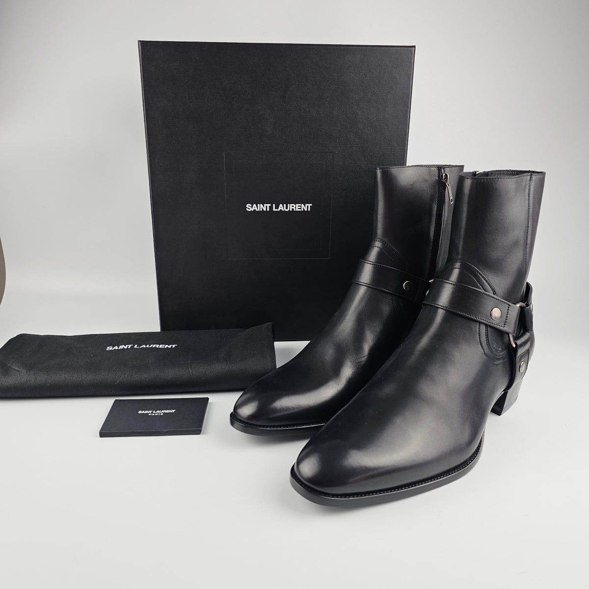 SAINT LAURENT Wyatt Black Leather Ankle Boots New & Authentic