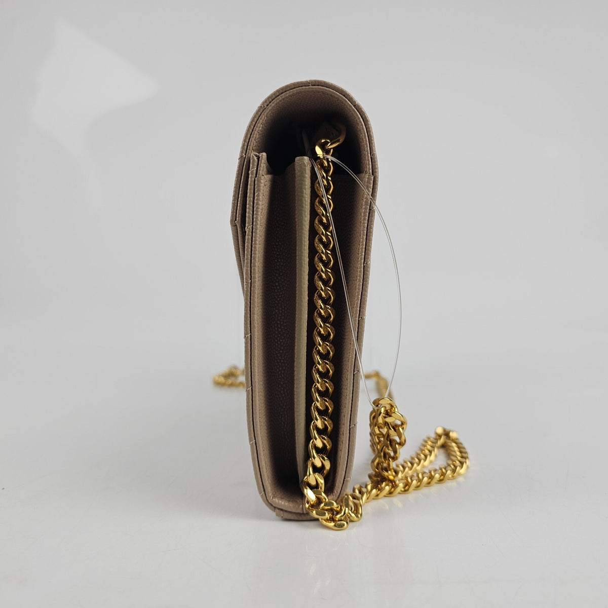 SAINT LAURENT Cassandre Classic Dark Beige Grained Leather Chain Wallet New