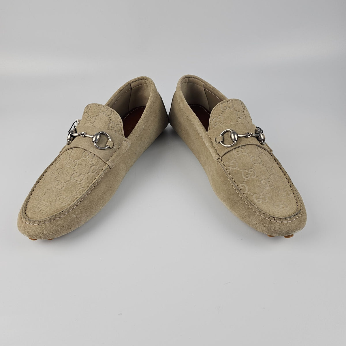 GUCCI $895 Men's Oatmeal GG Suede With Horsebit Loafers New & Authentic