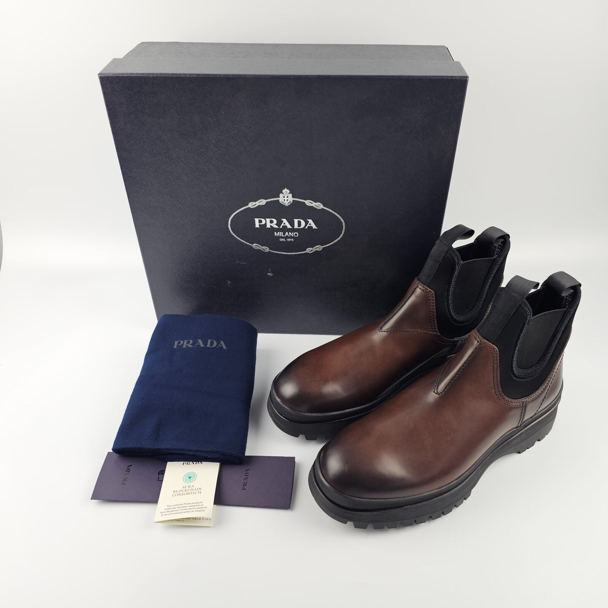 PRADA $1450 Ebony Brown Leather And Stretch Fabric Chelsea Boots New/Authentic