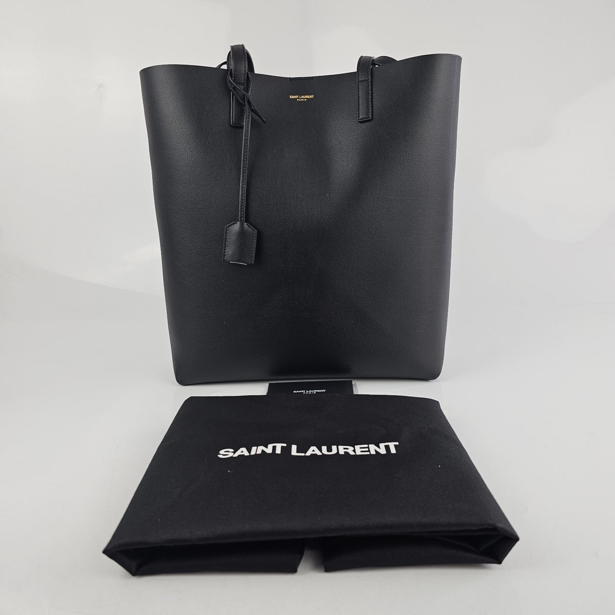 SAINT LAURENT Bold Black Leather Shopping Tote Bag New