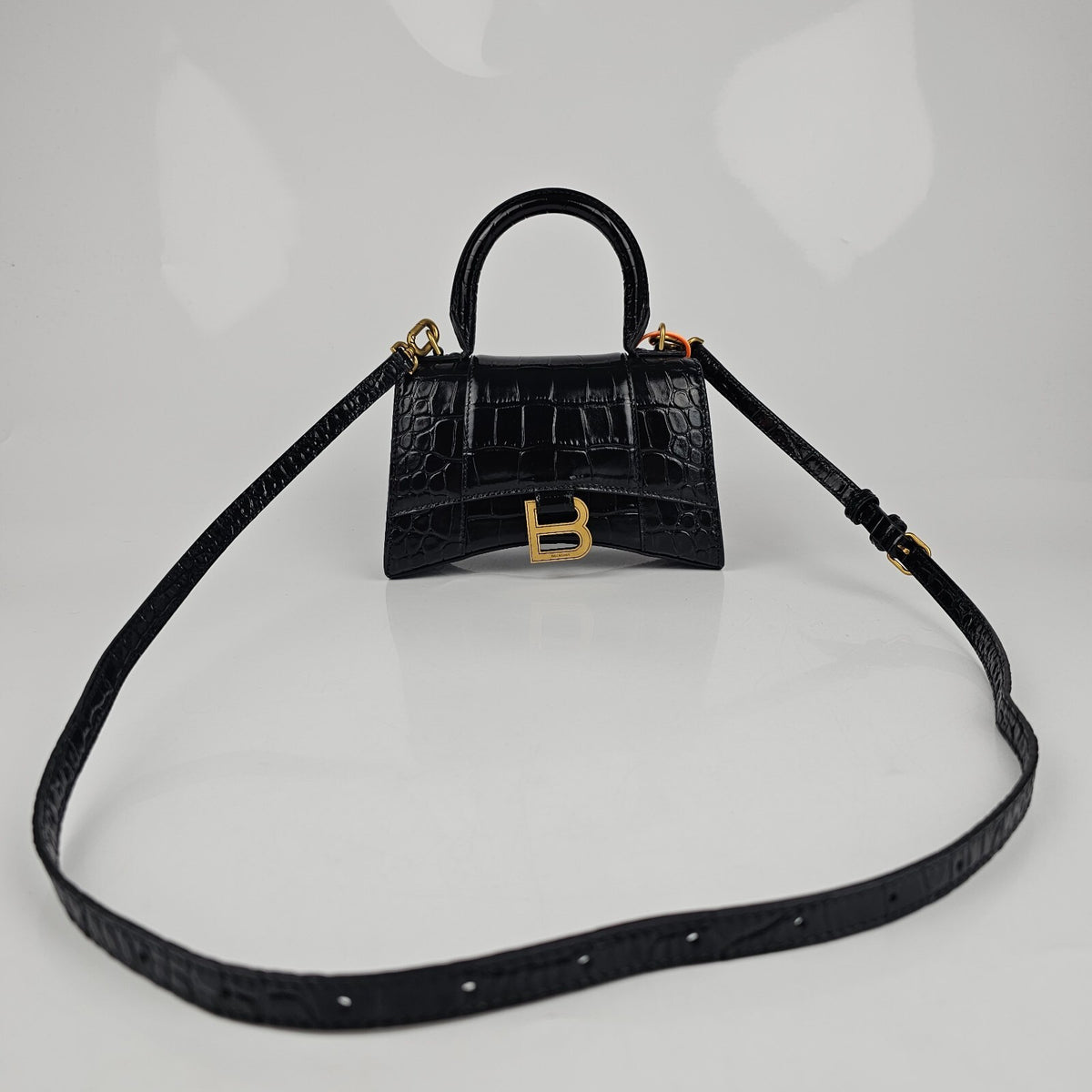 BALENCIAGA XS Hourglass Embossed Black Leather Bag New