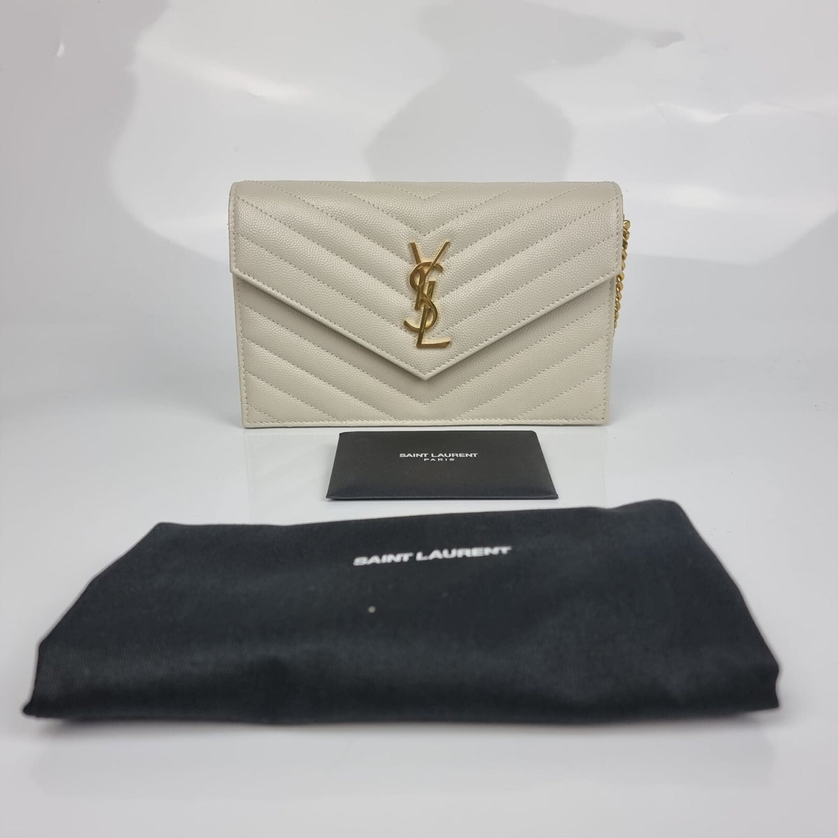 SAINT LAURENT Cassandre Envelope Crema Soft Grained Leather Chain Wallet New