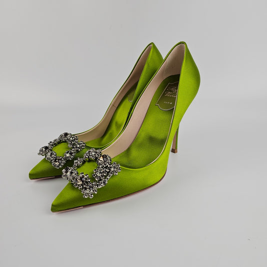 ROGER VIVIER Flower Strass Green Satin Jewel 100mm Pumps New And Authentic