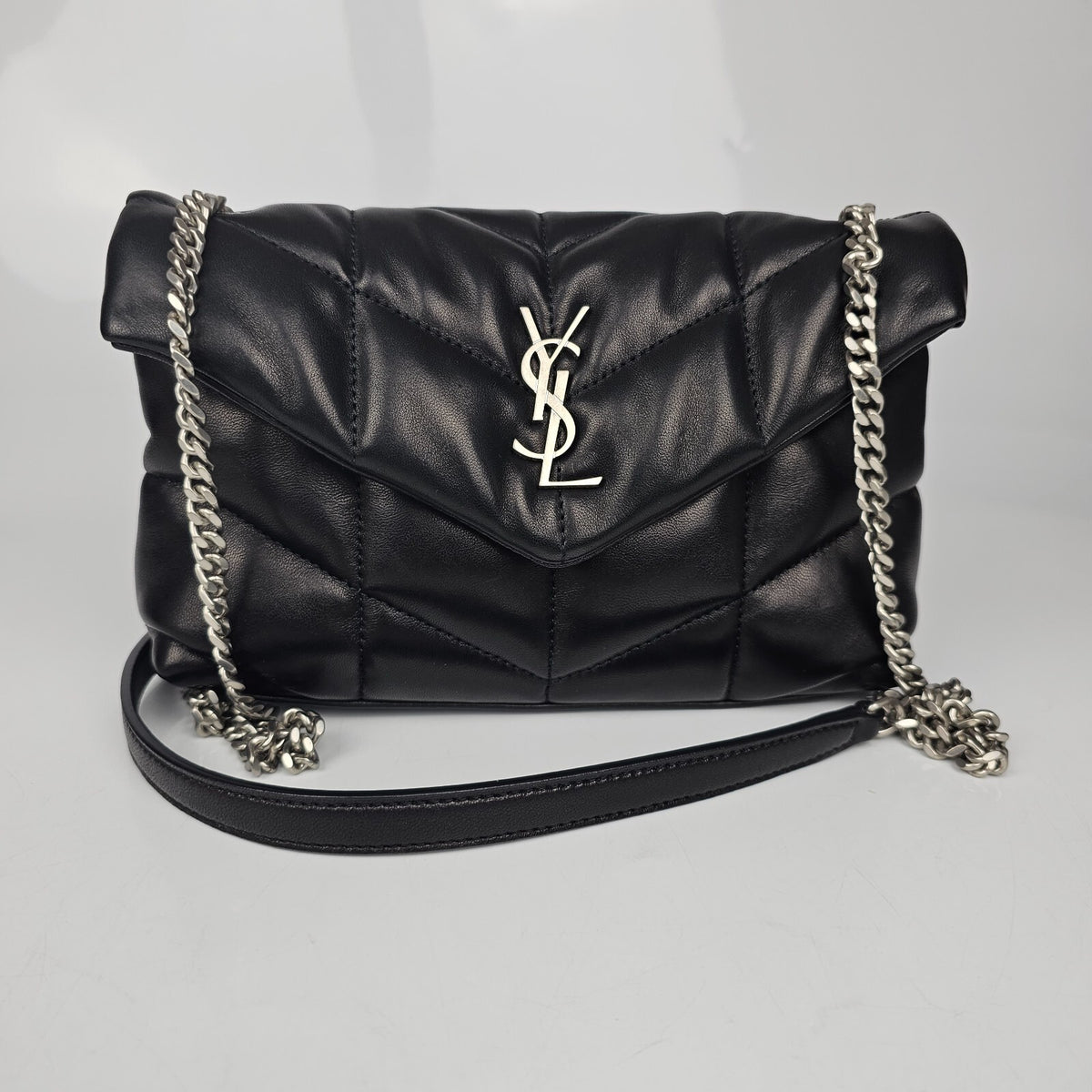 Saint Laurent Toy Puffer $2490 Black/Silver Leather Shoulder Bag New & Authentic