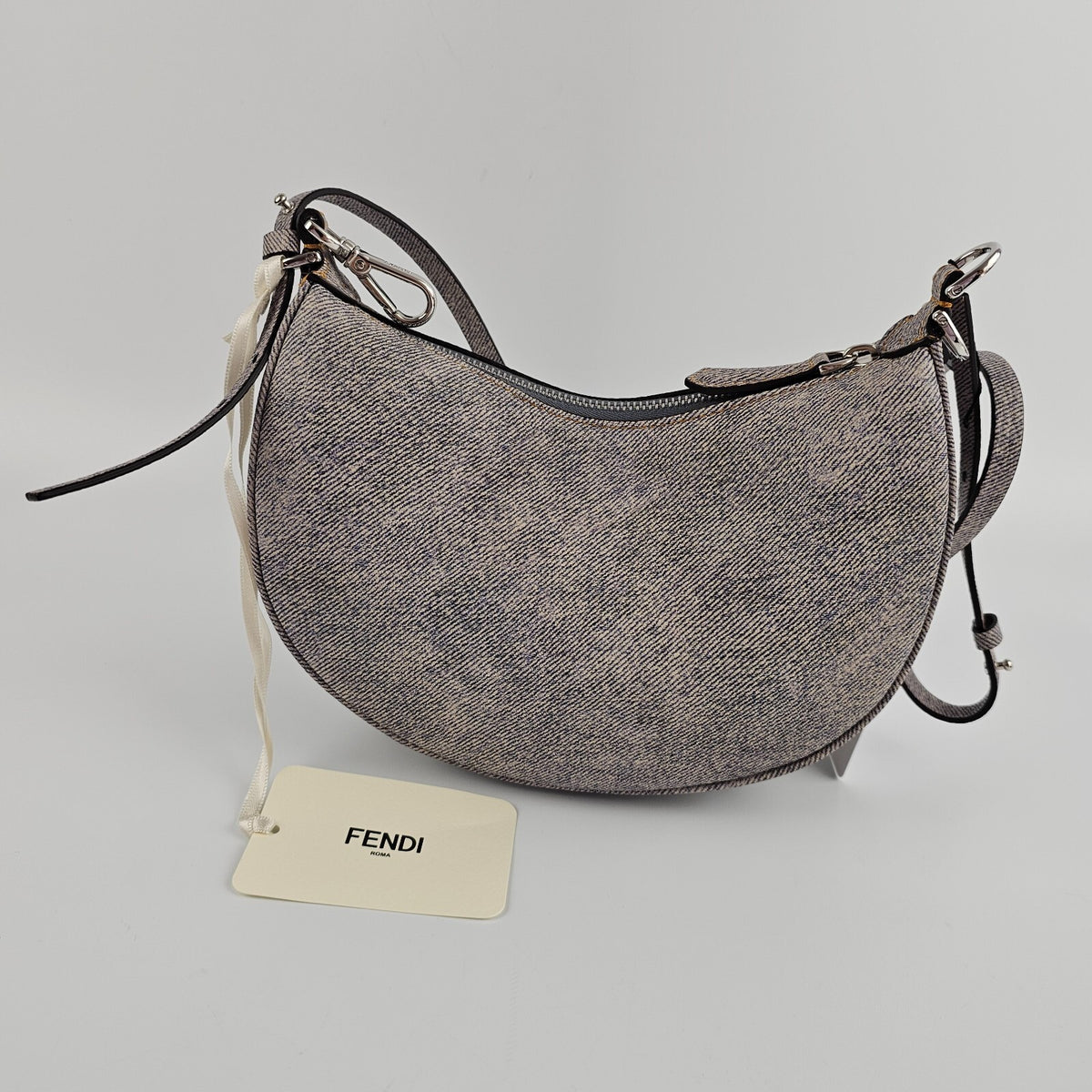 FENDI Fendigraphy Mini $2400 Gray Leather Denim Top Handle Bag New & Authentic