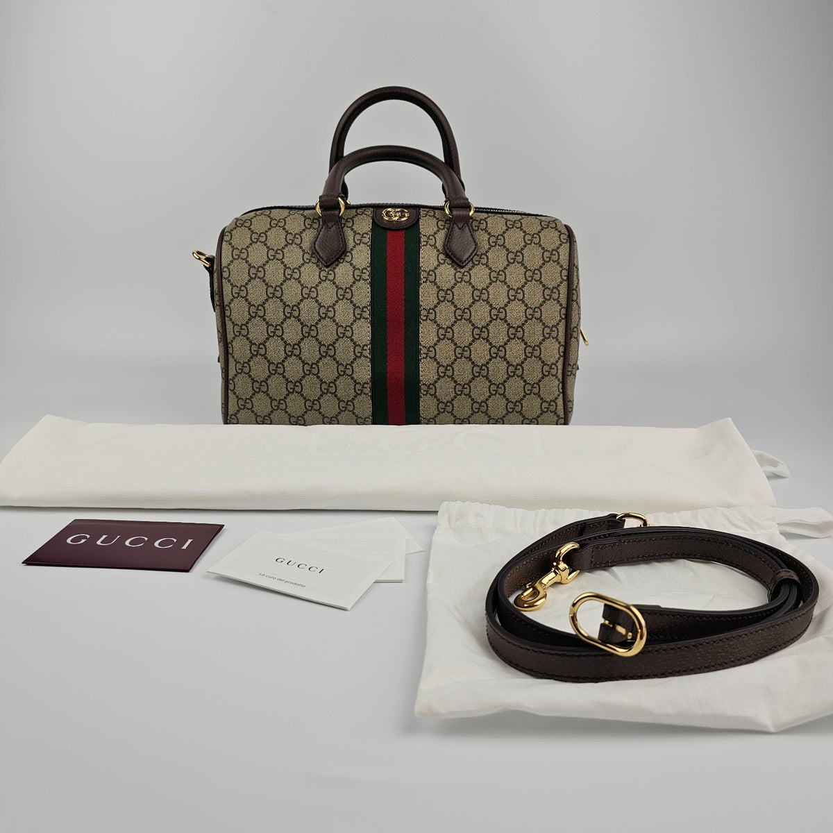 GUCCI Ophidia Large Boston Beige/Ebony GG Canvas Top Handle Bag New & Authentic