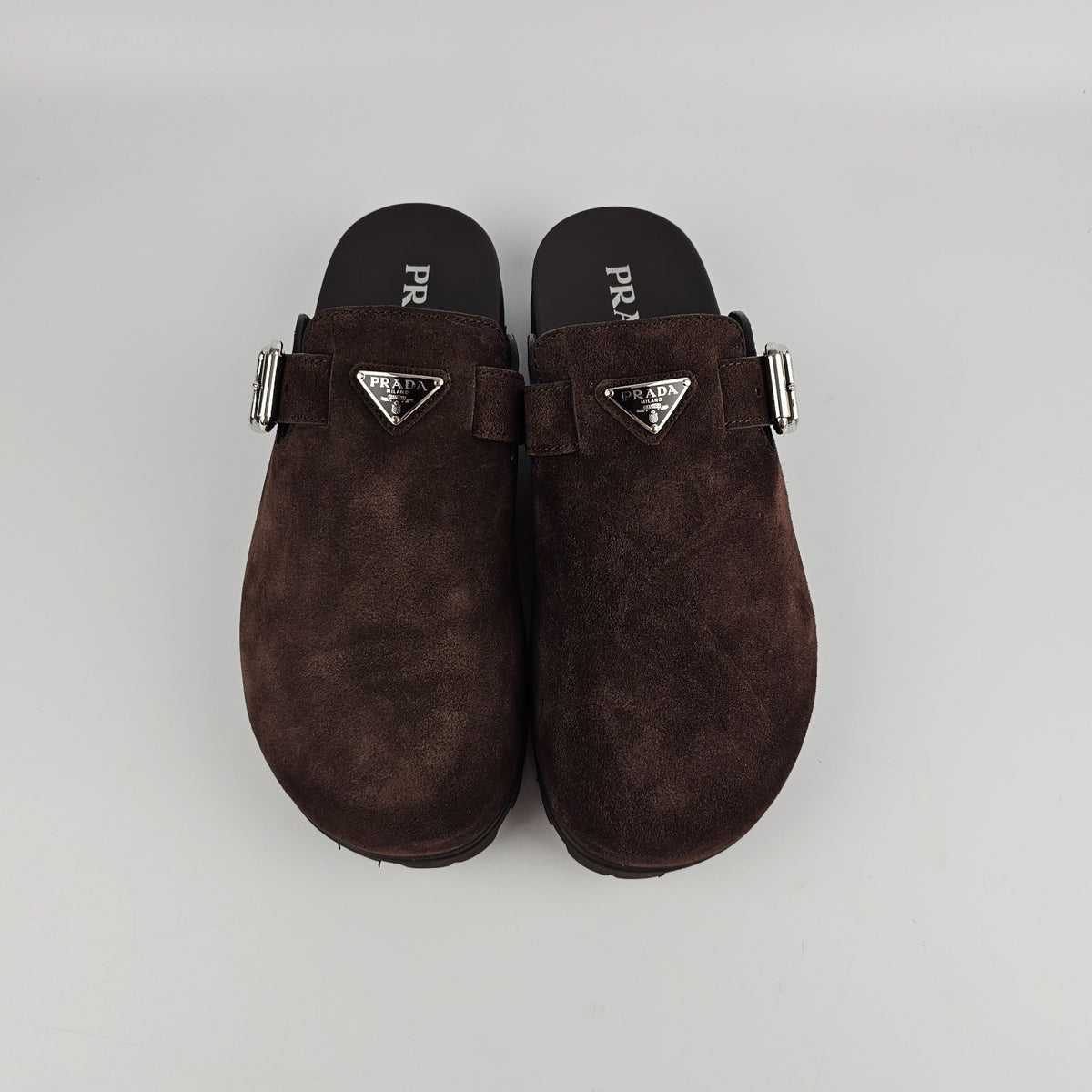 PRADA $1170 Dark Brown Suede Mules New & Authentic