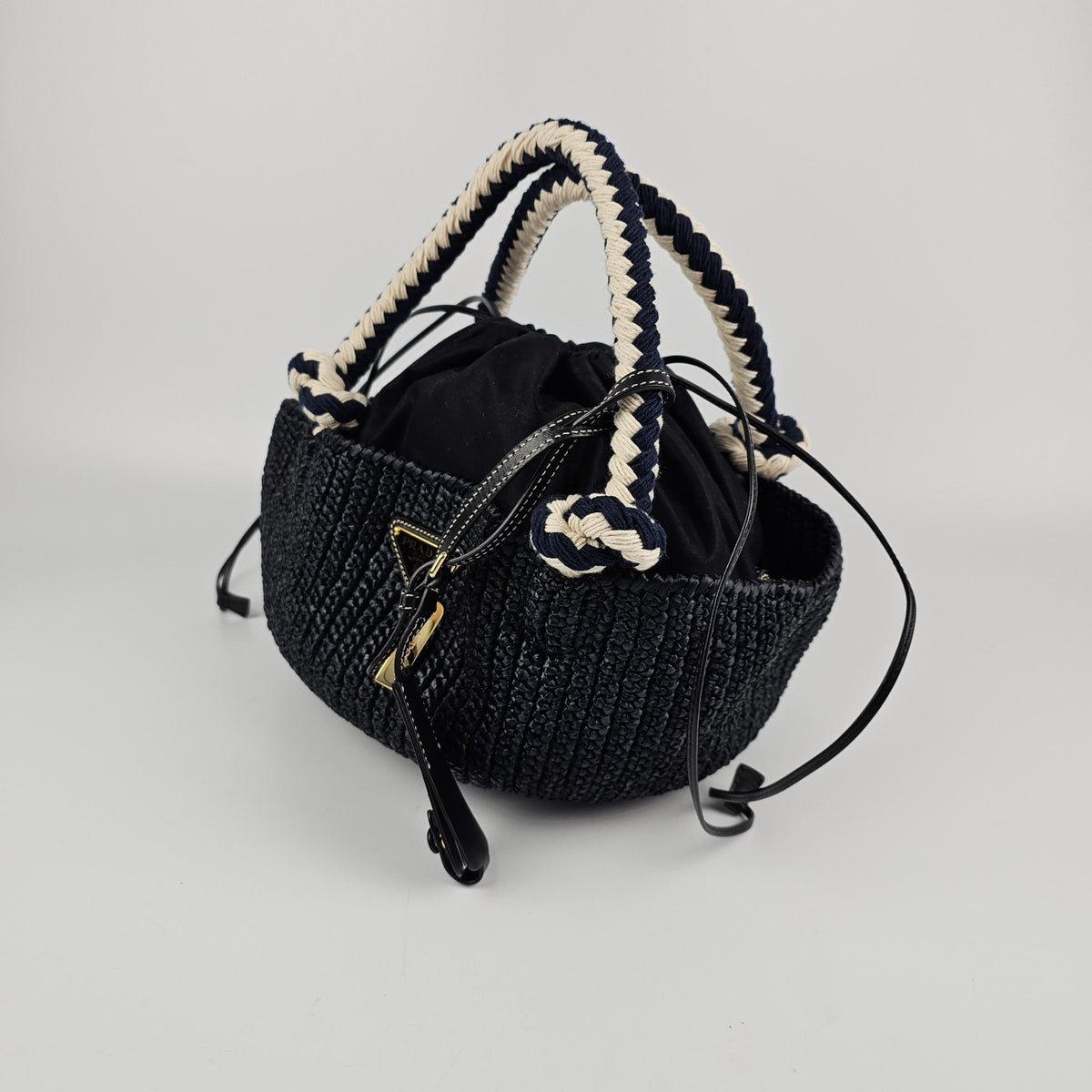PRADA Small Basket Black Raffia Top Handle Bag New And Authentic