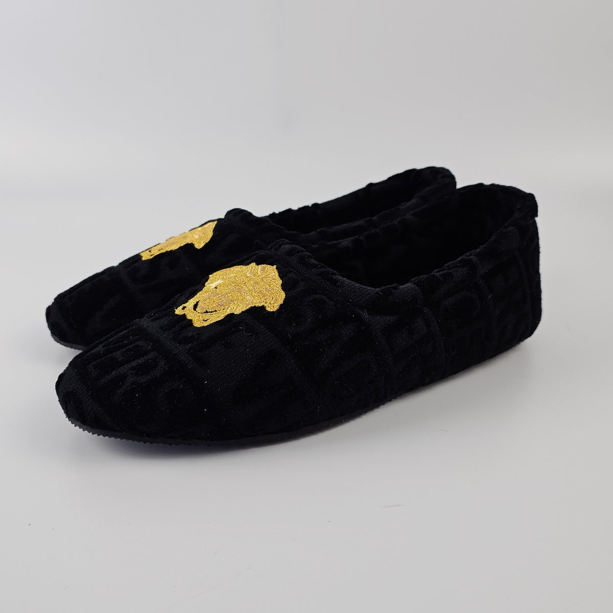 VERSACE Allover Black Cotton Slippers New