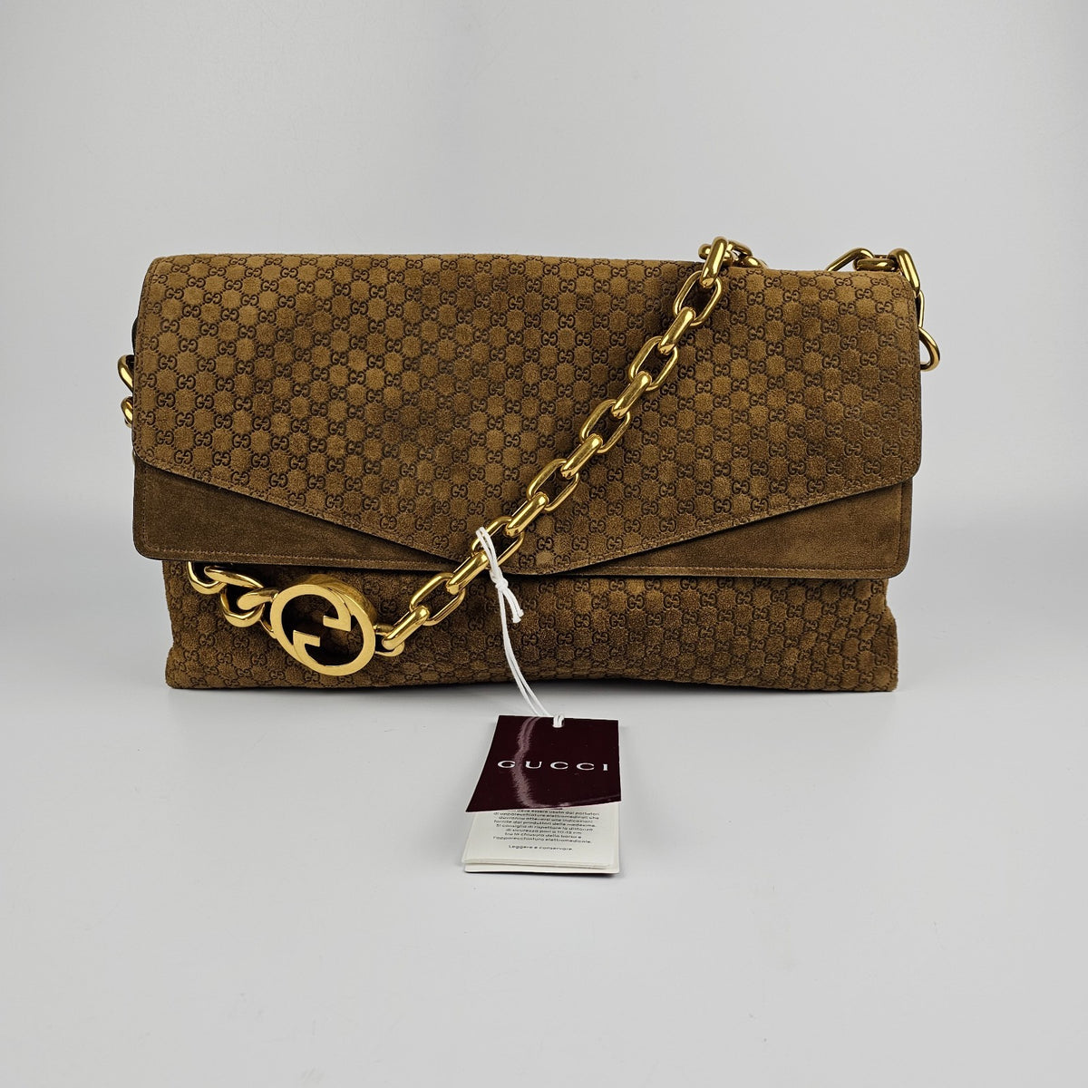 GUCCI $4600 Brown GG Suede Large With Chain Shoulder Bag New & Authentic