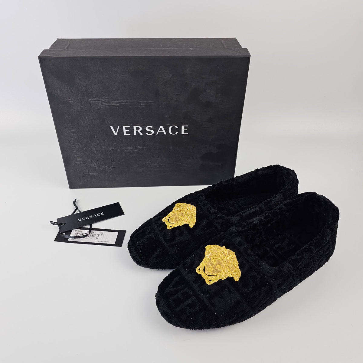 VERSACE Allover Black Cotton Slippers New